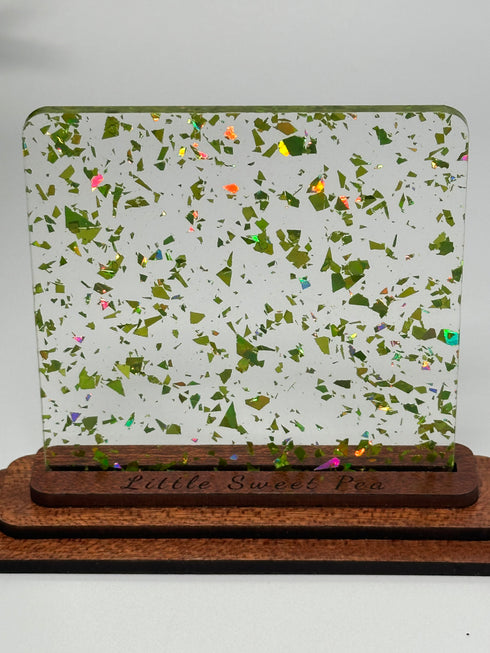 Lime Green Glitter Flakes - 1/8" Clear Cast Acrylic Sheet