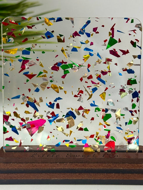 Birthday Party Flakes - 1/8" Clear Cast Acrylic Sheet