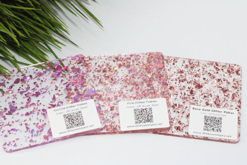 SURPLUS SALE: Orchid Glitter Flakes - 1/8" Clear Cast Acrylic Sheet