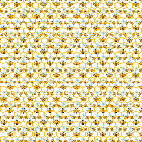 0531 - Bees on Honeycomb Hive with Blue Flowers