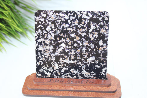 Glitz - Silver Glitter Flakes on Black Cast - 1/8" Acrylic Sheet